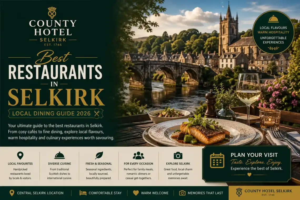 Best restaurants in Selkirk featuring local Scottish dining with County Hotel Selkirk and a scenic Scottish Borders backdrop