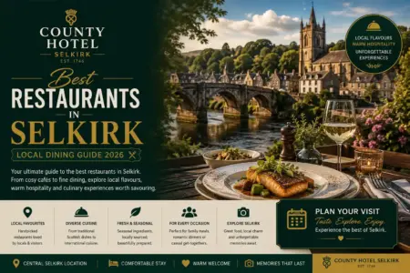 Best restaurants in Selkirk featuring local Scottish dining with County Hotel Selkirk and a scenic Scottish Borders backdrop