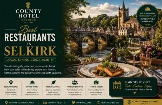 Best restaurants in Selkirk featuring local Scottish dining with County Hotel Selkirk and a scenic Scottish Borders backdrop