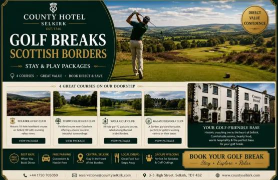 Golf breaks in the Scottish Borders at County Hotel Selkirk with nearby golf courses and scenic Borders countryside